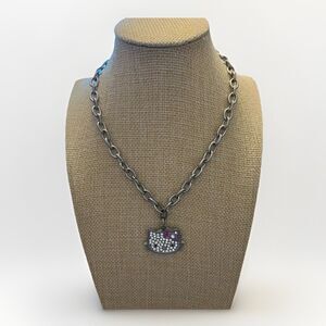 Hello Kitty Rhinestone Necklace Charm Pendant on silver tone chunky chain 16"
